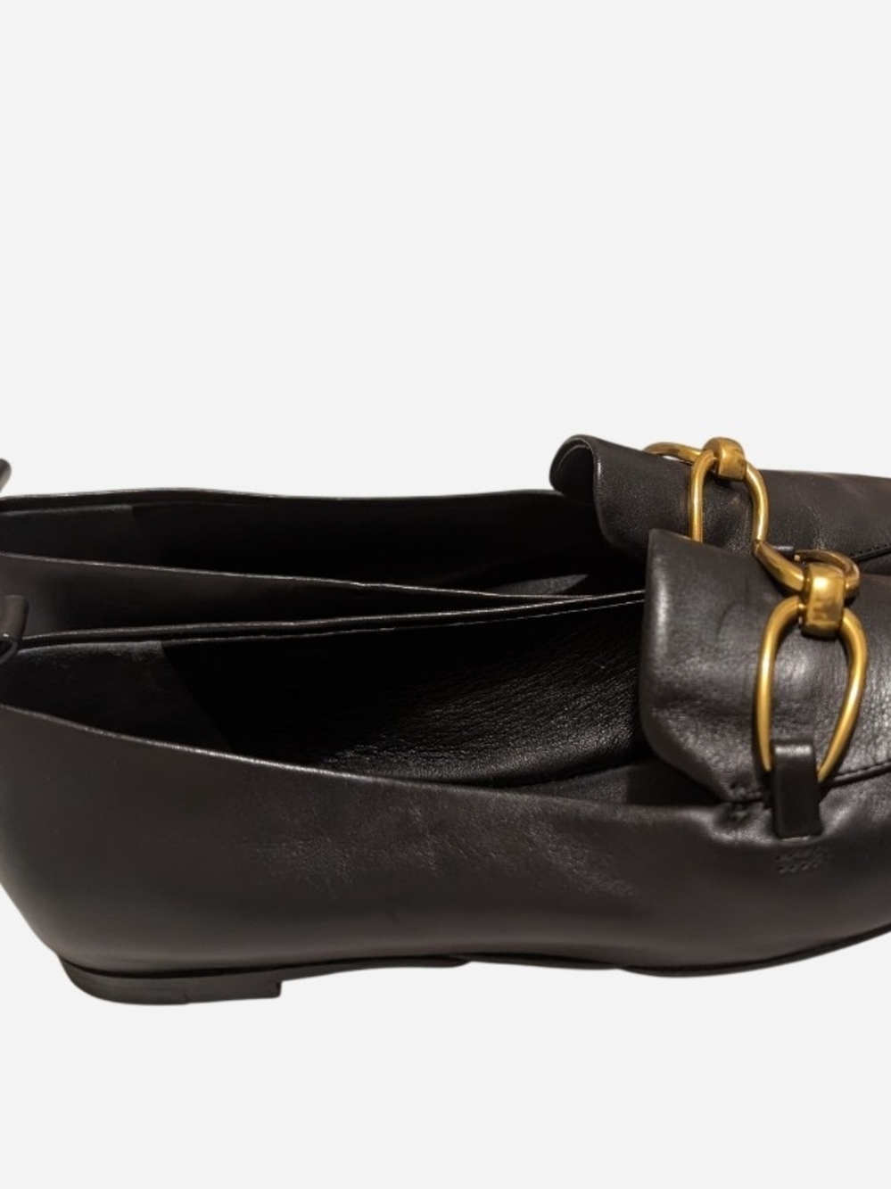 Veronica Beard Black Leather Pointed Loafers with Gold Link Detail - Picture 2 of 8